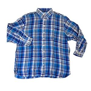Ben Silver mens 18 34 blue white plaid 100% linen oxford dress shirt EUC